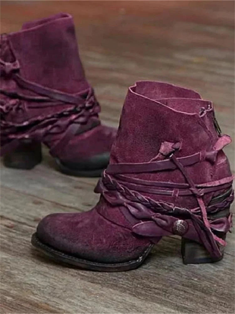 Women's suede ankle boots with braided rope detailing – fuchsia