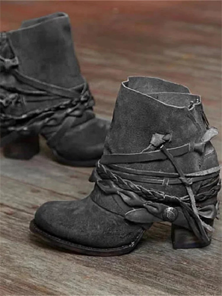 Women's suede ankle boots with braided rope detailing – gray