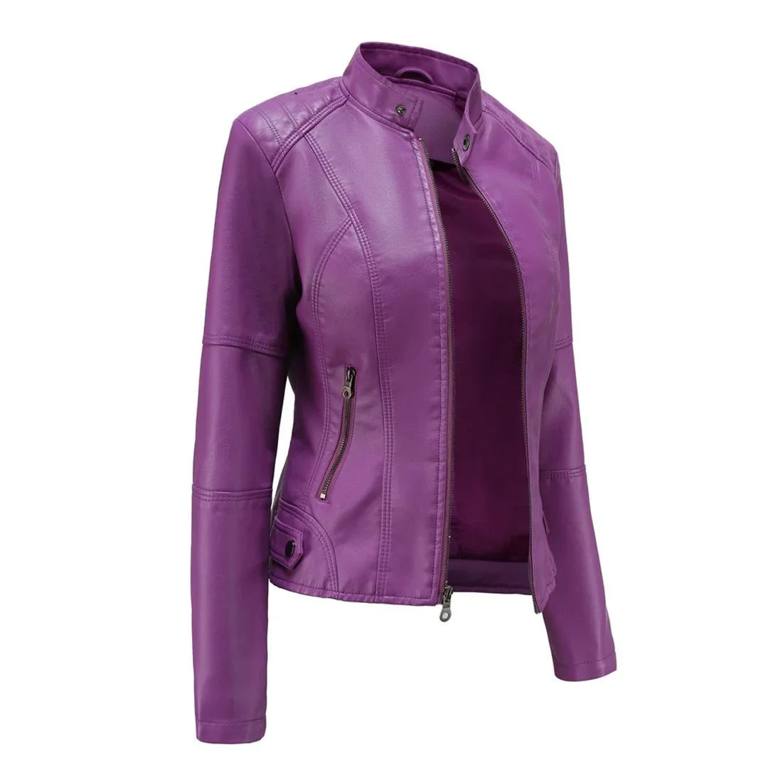 Women's leather jacket with collared neckline and zip front