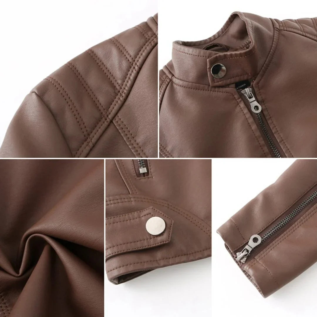 Women's leather jacket with collared neckline and zip front