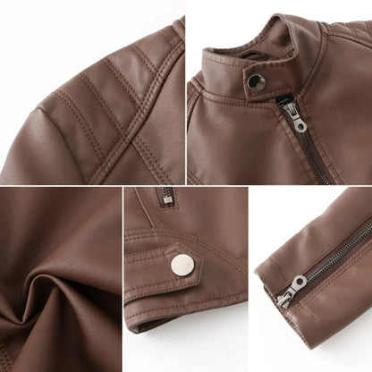 Women's leather jacket with collared neckline and zip front
