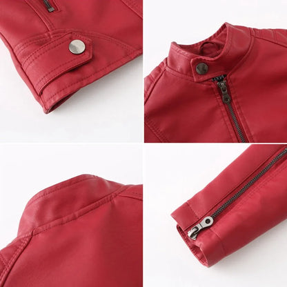 Women's leather jacket with collared neckline and zip front