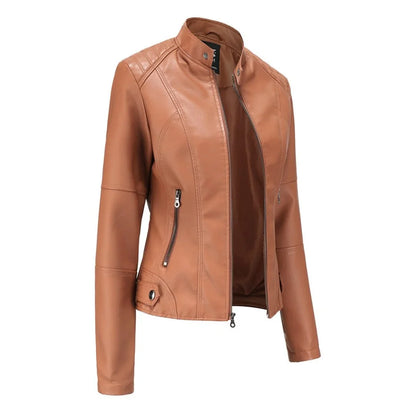 Women's leather jacket with collared neckline and zip front