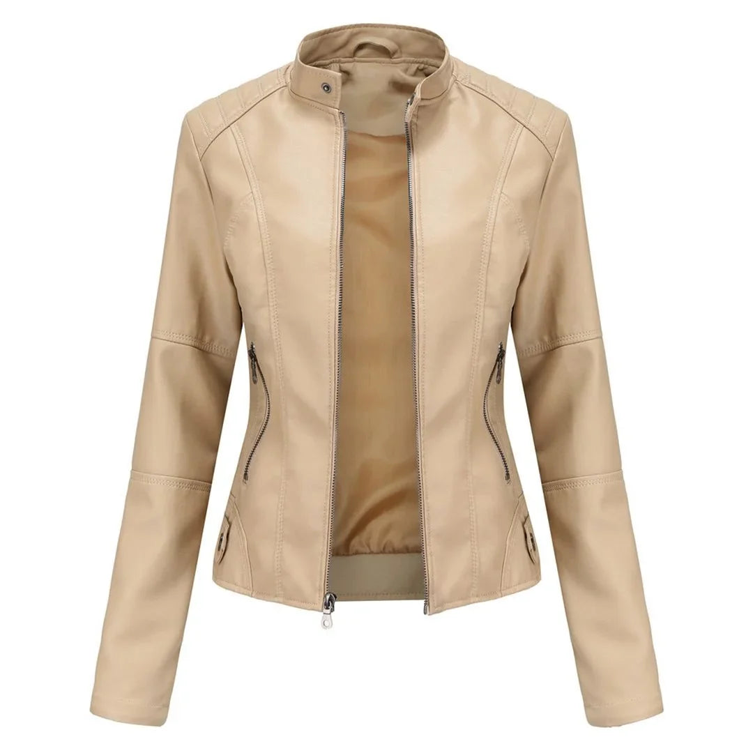 Women's leather jacket with collared neckline and zip front – Beige