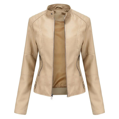 Women's leather jacket with collared neckline and zip front – Beige