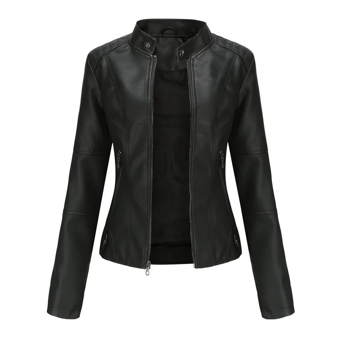 Women's leather jacket with collared neckline and zip front – Black