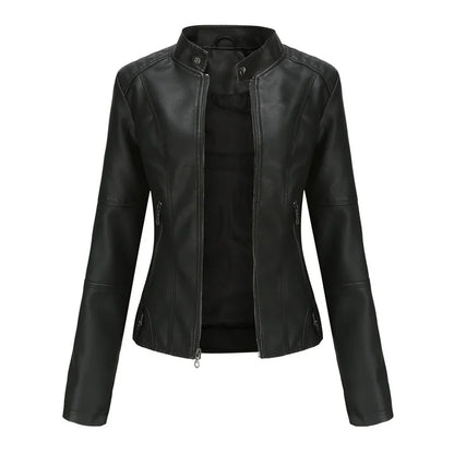 Women's leather jacket with collared neckline and zip front – Black