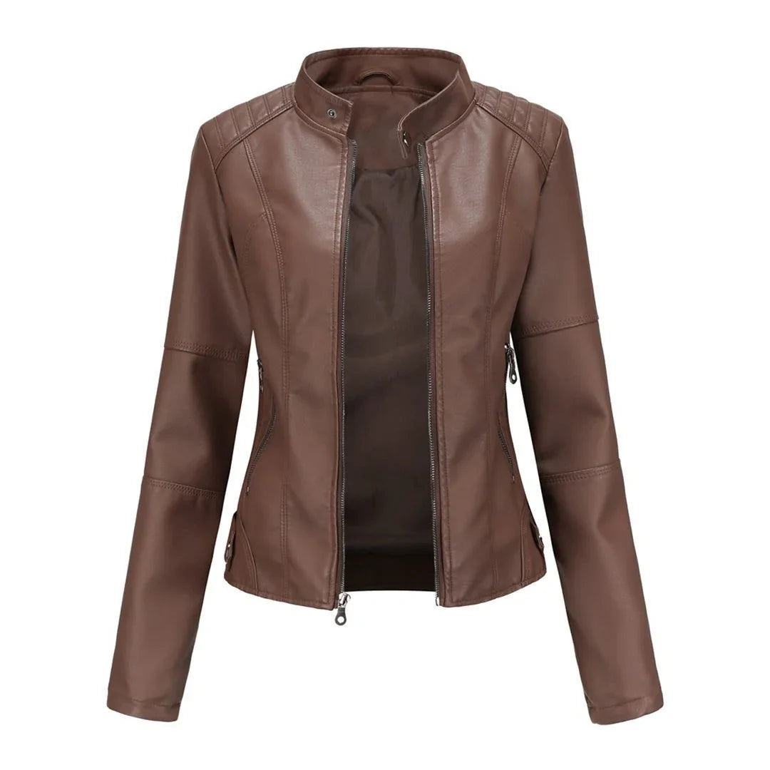 Women's leather jacket with collared neckline and zip front – Brown