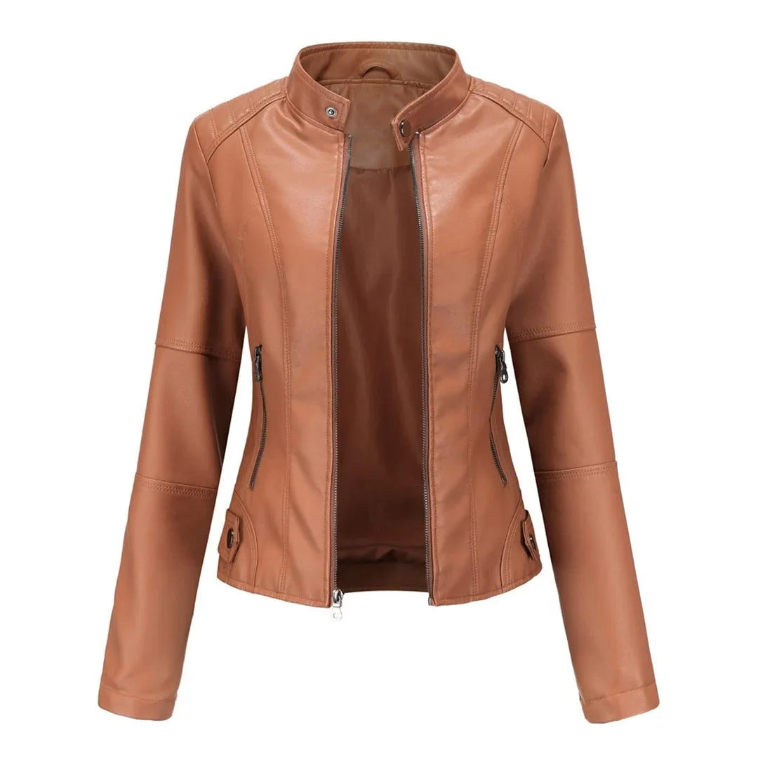 Women's leather jacket with collared neckline and zip front – Camel