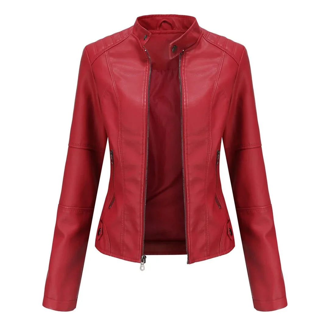 Women's leather jacket with collared neckline and zip front – Red