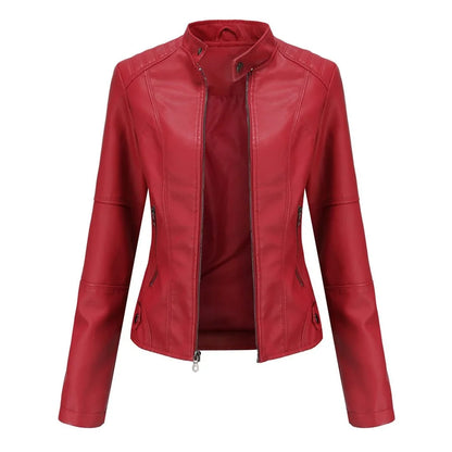 Women's leather jacket with collared neckline and zip front – Red