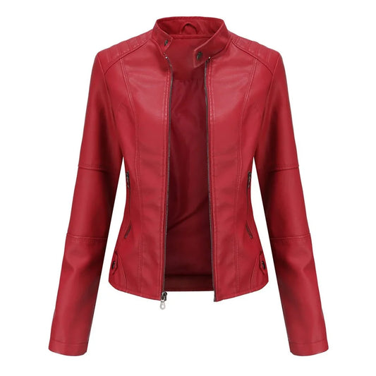Women's leather jacket with collared neckline and zip front – Red