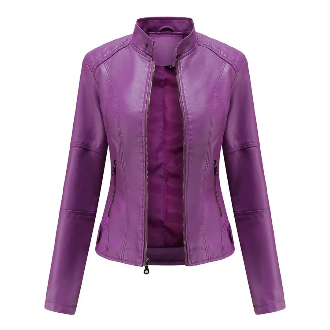 Women's leather jacket with collared neckline and zip front – Violet
