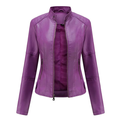 Women's leather jacket with collared neckline and zip front – Violet