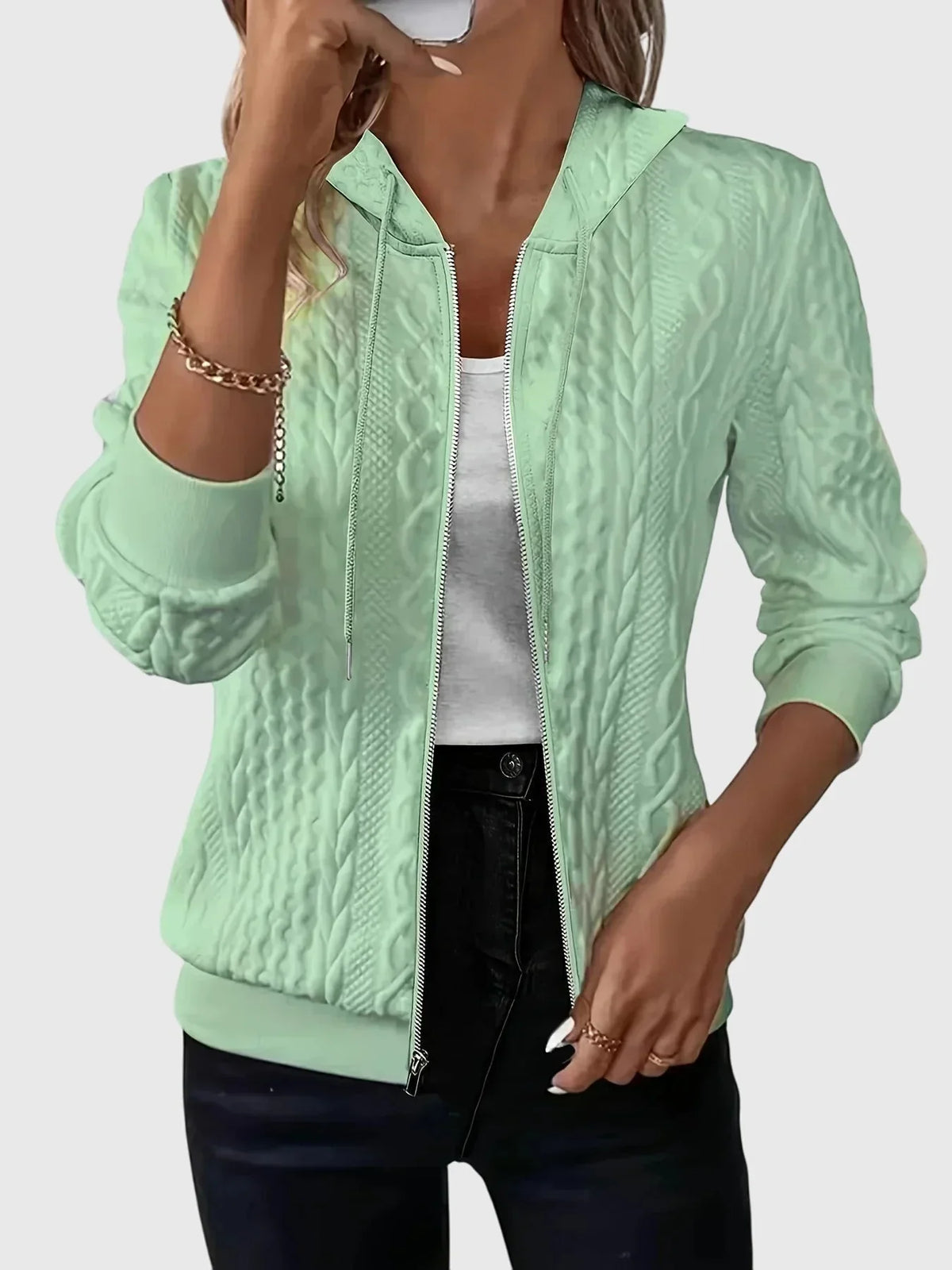 Women's zip-front fleece hoodie with relaxed fit – Green