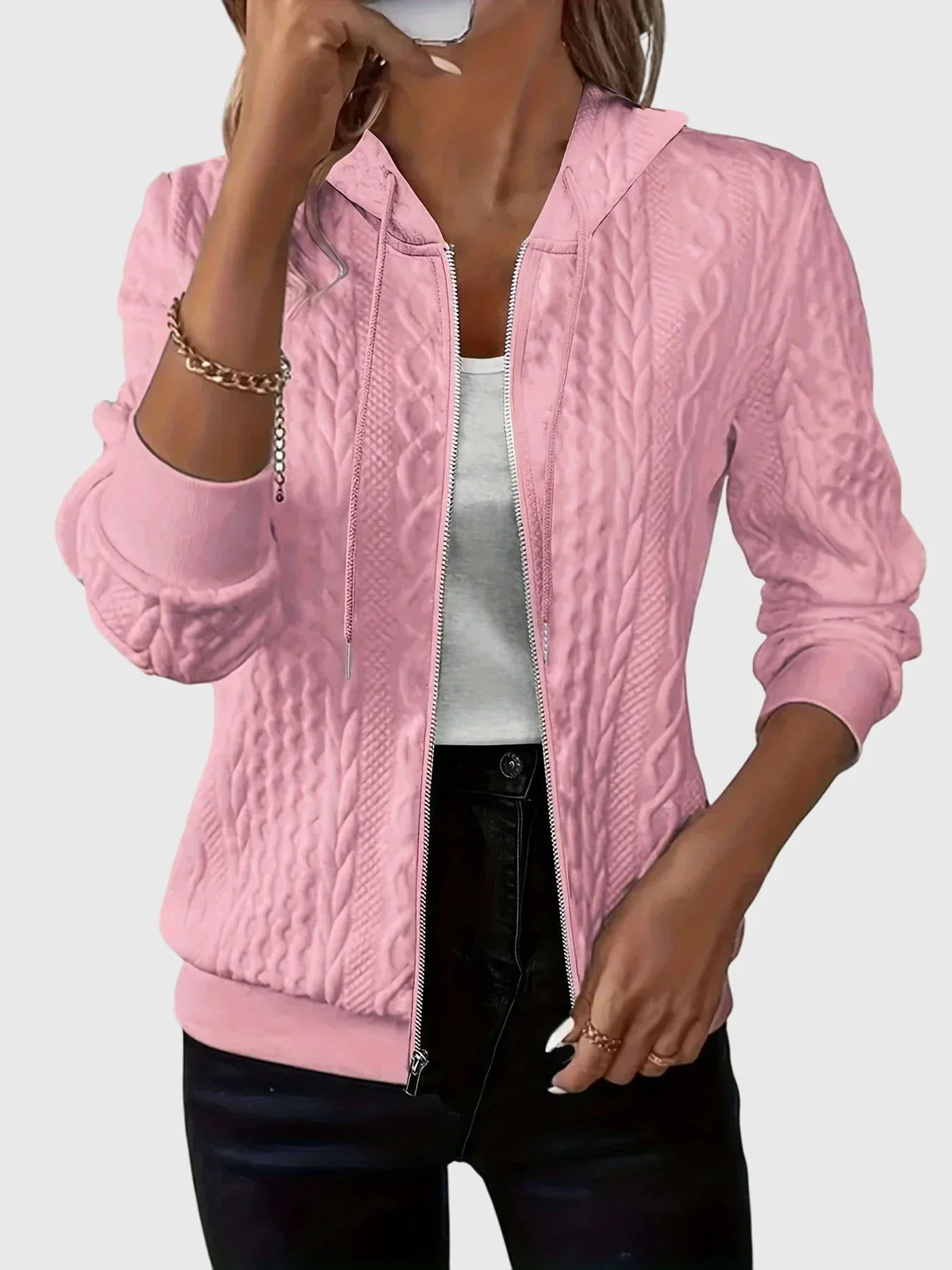Women's zip-front fleece hoodie with relaxed fit – Pink
