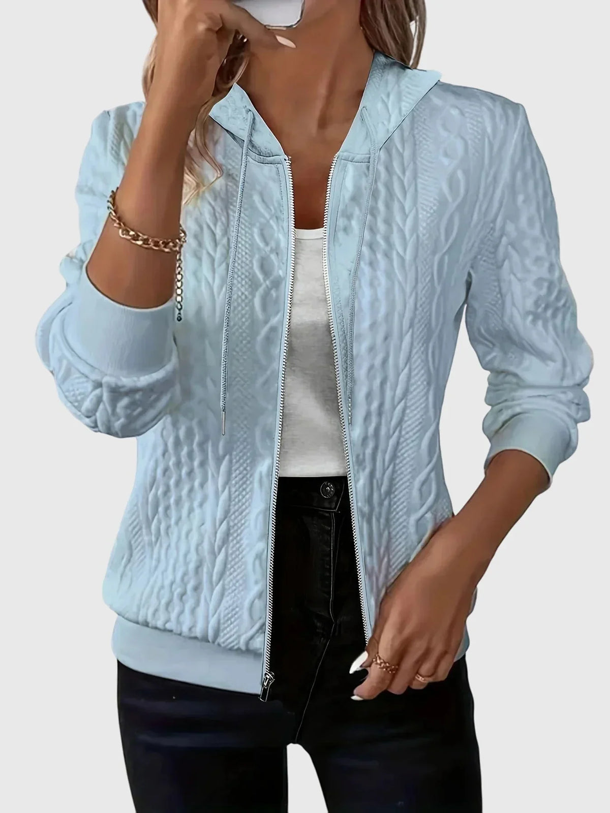 Women's zip-front fleece hoodie with relaxed fit – Sky blue