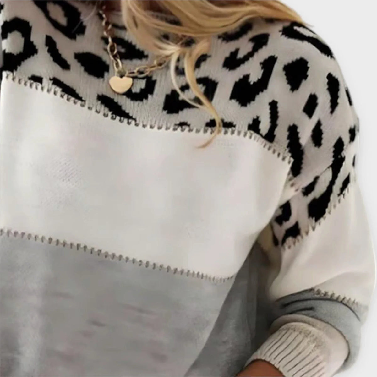 Women's crew neck sweater with leopard print yoke detail
