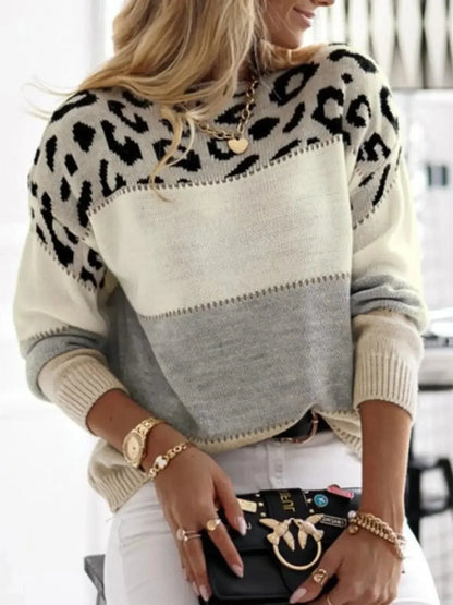 Women's crew neck sweater with leopard print yoke detail