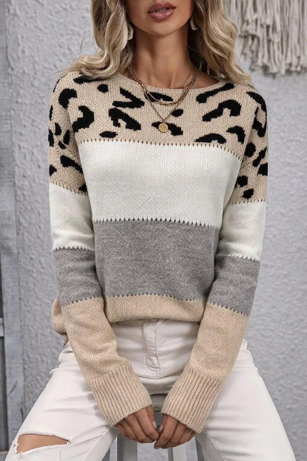 Women's crew neck sweater with leopard print yoke detail – Beige