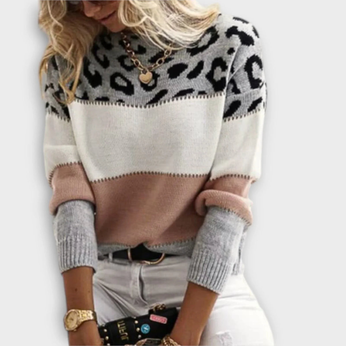 Women's crew neck sweater with leopard print yoke detail