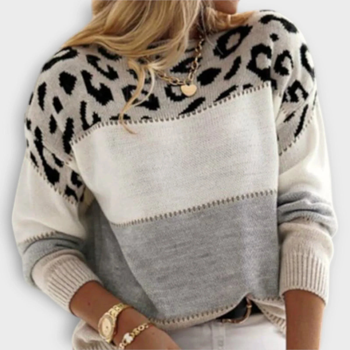 Women's crew neck sweater with leopard print yoke detail