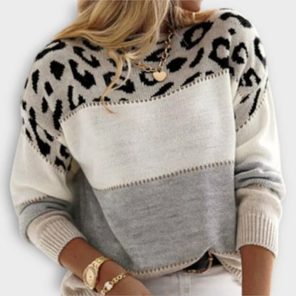 Women's crew neck sweater with leopard print yoke detail