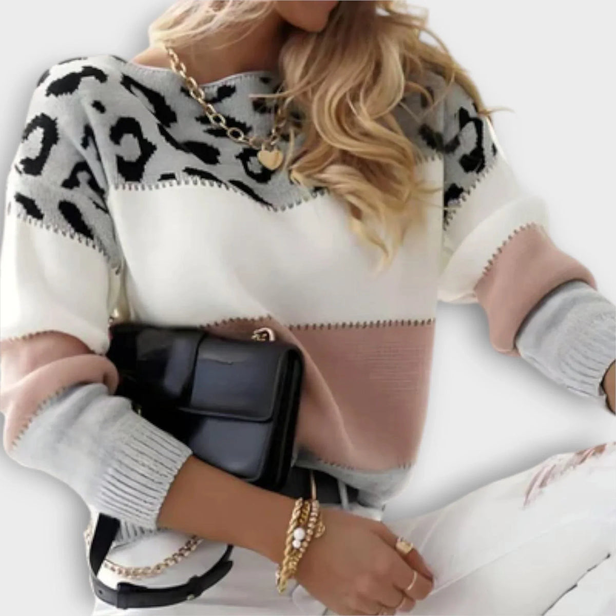 Women's crew neck sweater with leopard print yoke detail – Pink
