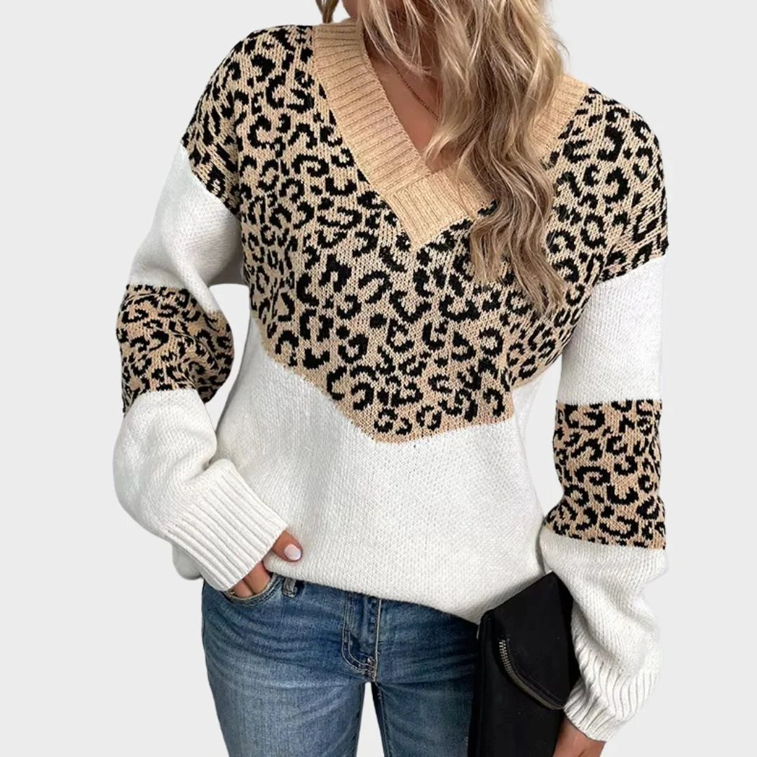 Women's leopard print V-neck sweater with ribbed cuffs – Beige