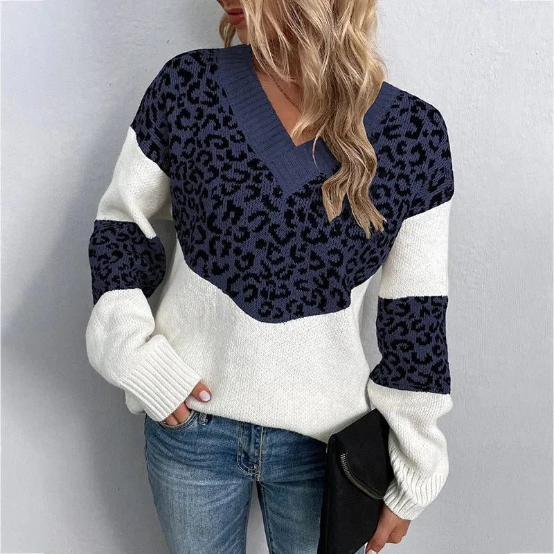 Women's leopard print V-neck sweater with ribbed cuffs – Dark Blue
