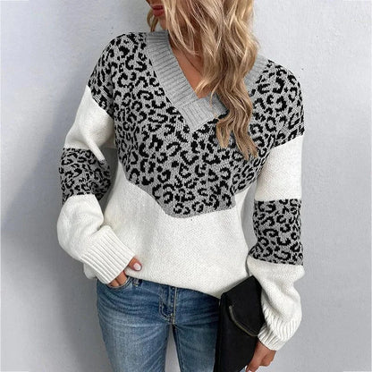 Women's leopard print V-neck sweater with ribbed cuffs – Gray