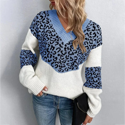 Women's leopard print V-neck sweater with ribbed cuffs – Light Blue