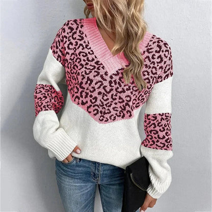 Women's leopard print V-neck sweater with ribbed cuffs – Pink