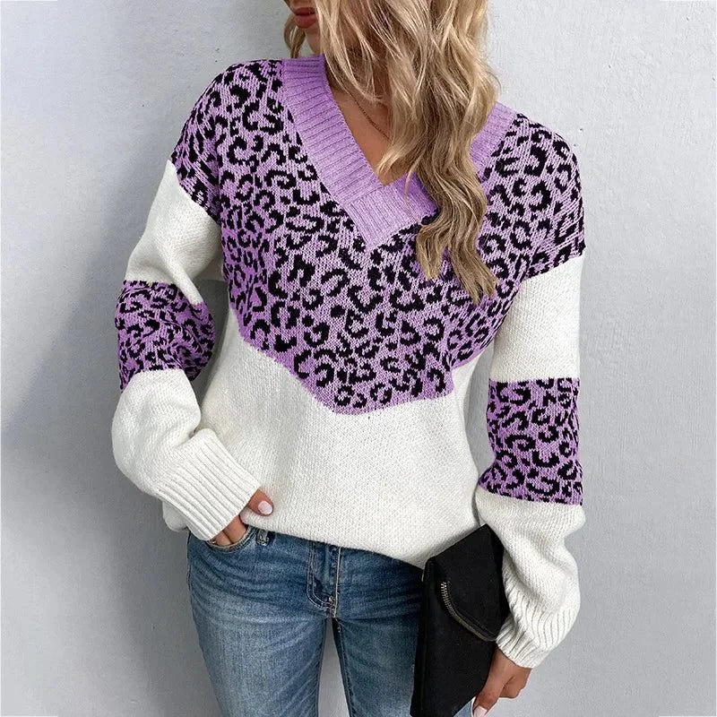 Women's leopard print V-neck sweater with ribbed cuffs – Purple