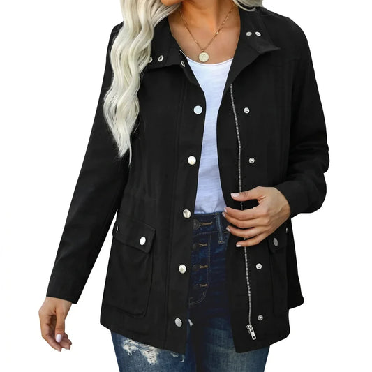 Women's lightweight utility jacket with stand collar – Black
