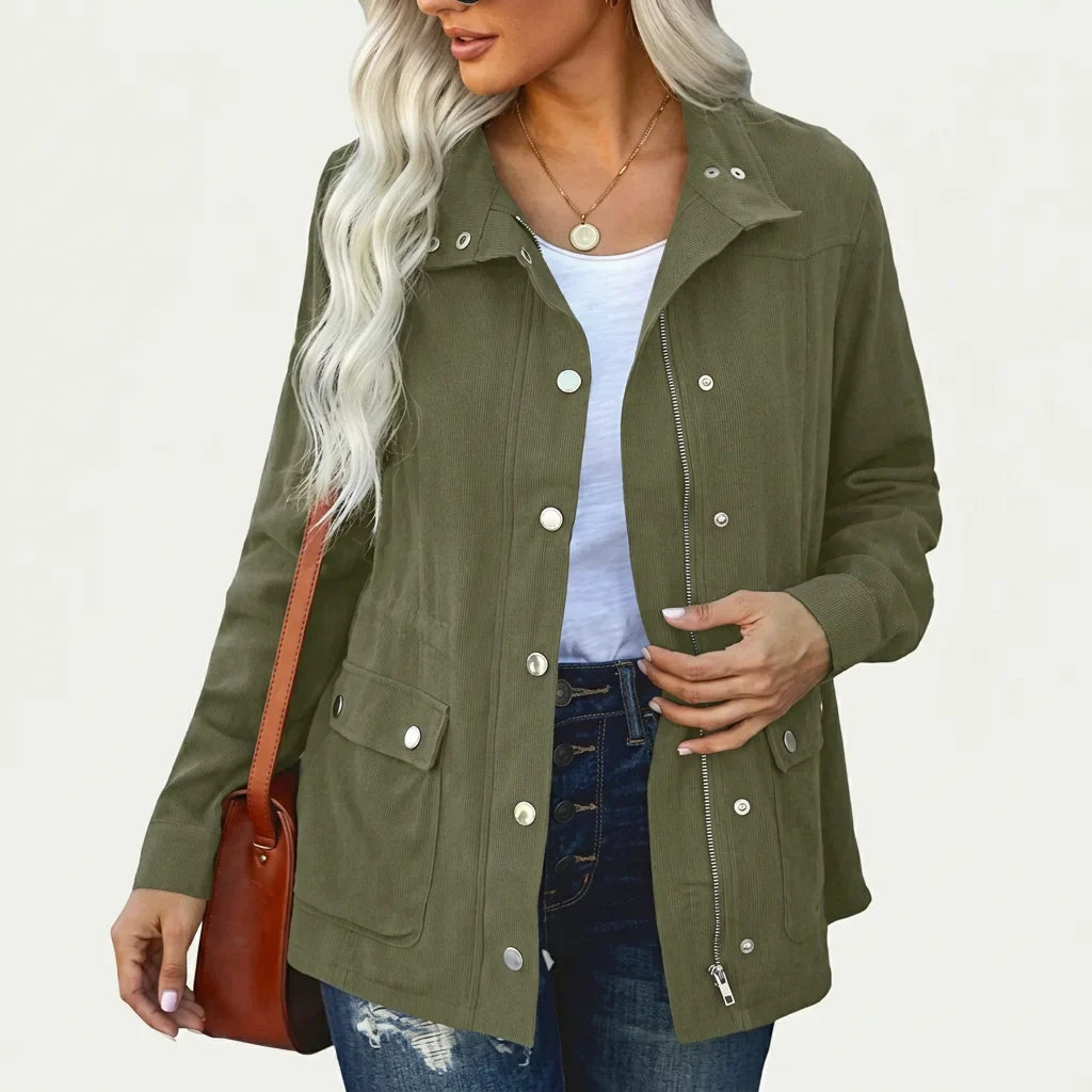 Women's lightweight utility jacket with stand collar – Olive green