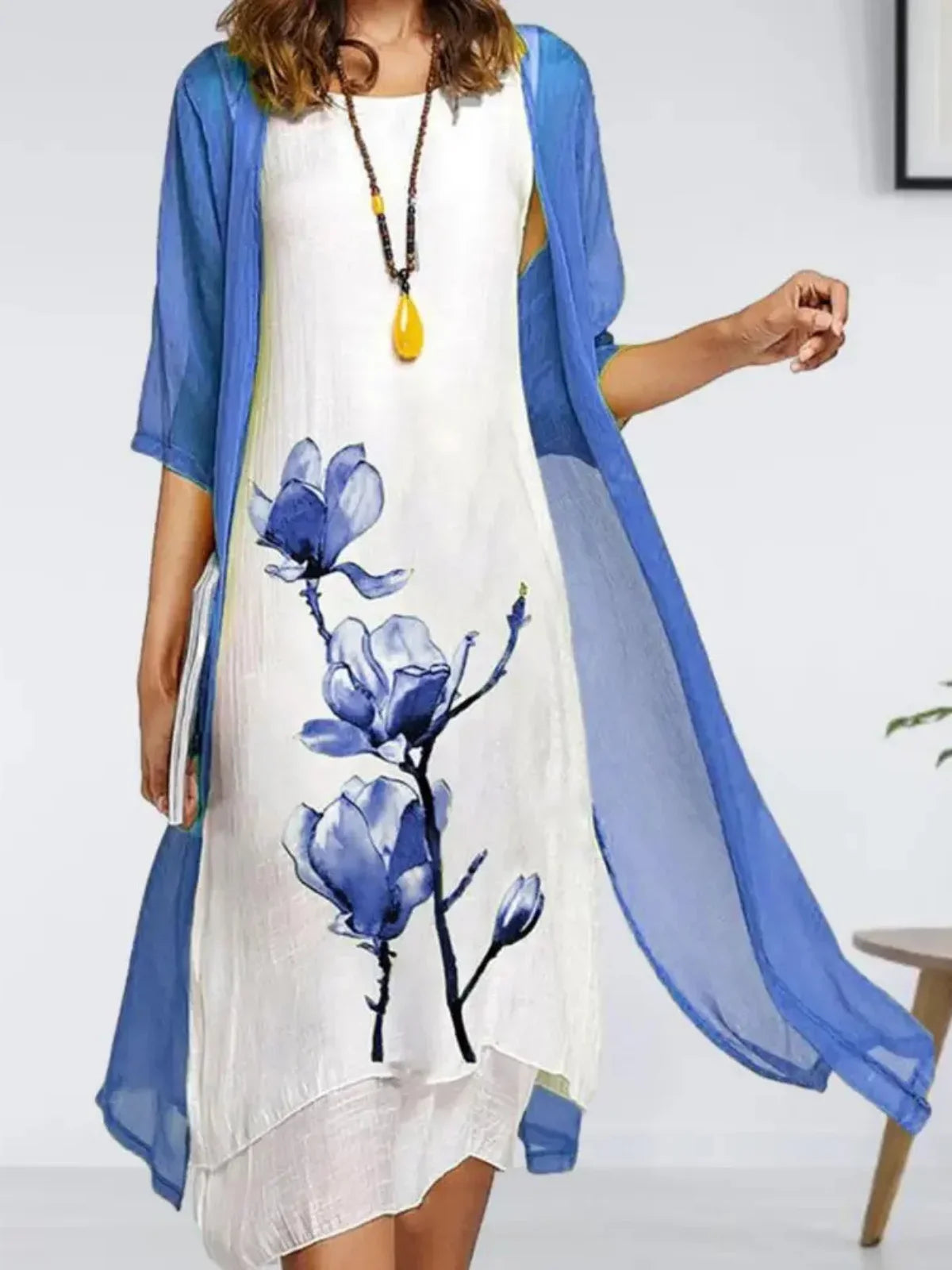 Women's linen floral-print midi dress and chiffon cardigan set – Blue