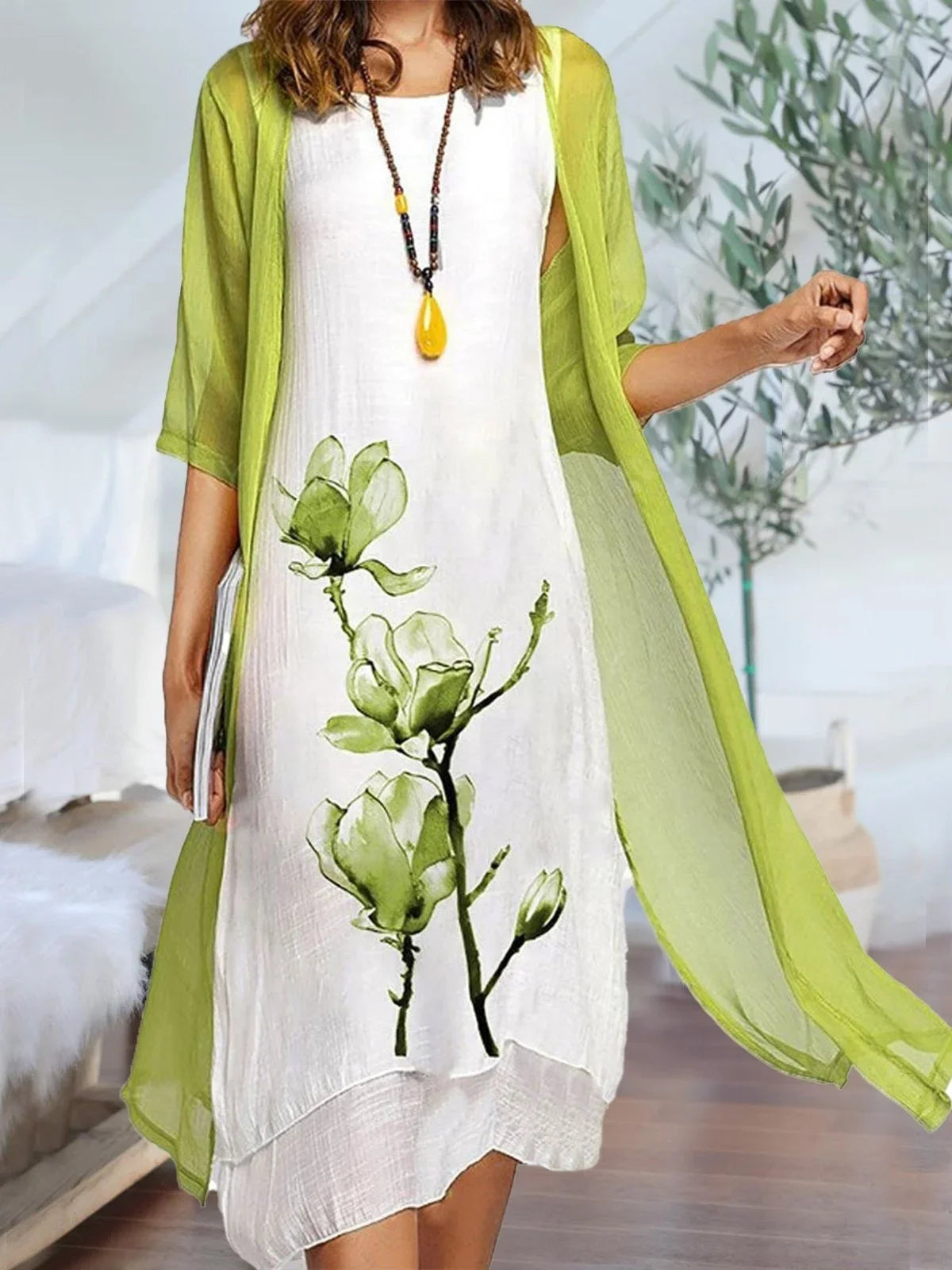 Women's linen floral-print midi dress and chiffon cardigan set – Light Green