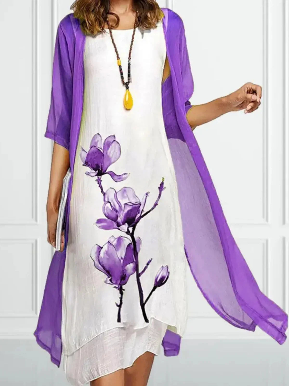 Women's linen floral-print midi dress and chiffon cardigan set – Purple