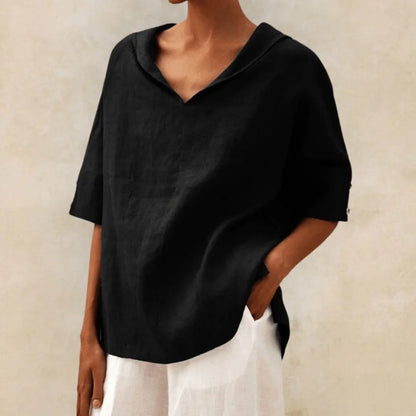 Women's linen V-neck hooded tunic top with short sleeves – Black