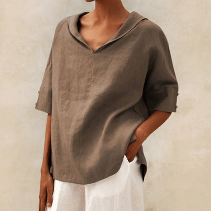Women's linen V-neck hooded tunic top with short sleeves – Brown
