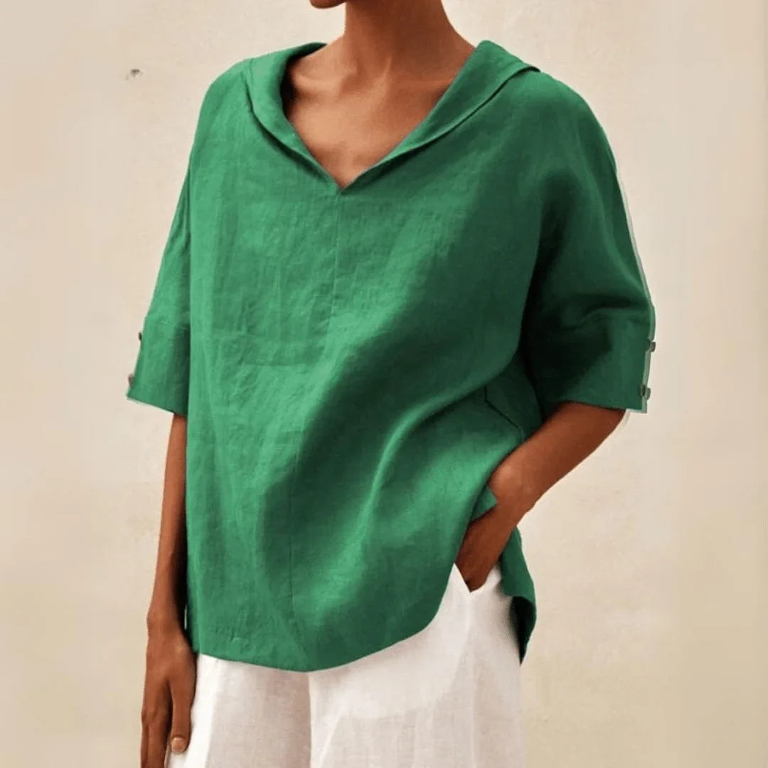 Women's linen V-neck hooded tunic top with short sleeves – Green