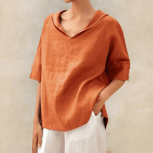 Women's linen V-neck hooded tunic top with short sleeves – Orange
