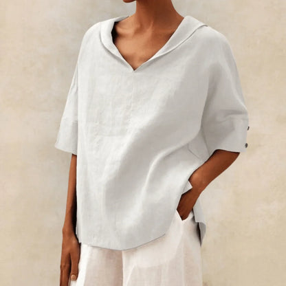 Women's linen V-neck hooded tunic top with short sleeves – White