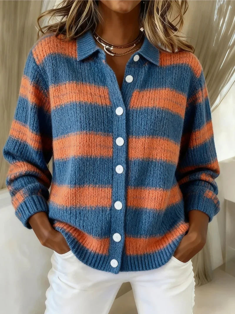 Women's wide-stripe wool-blend knit blouse with classic collar – MultiColour