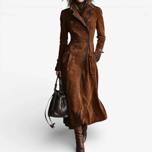 Women's long faux suede warm sculpted trench coat – Dark Brown