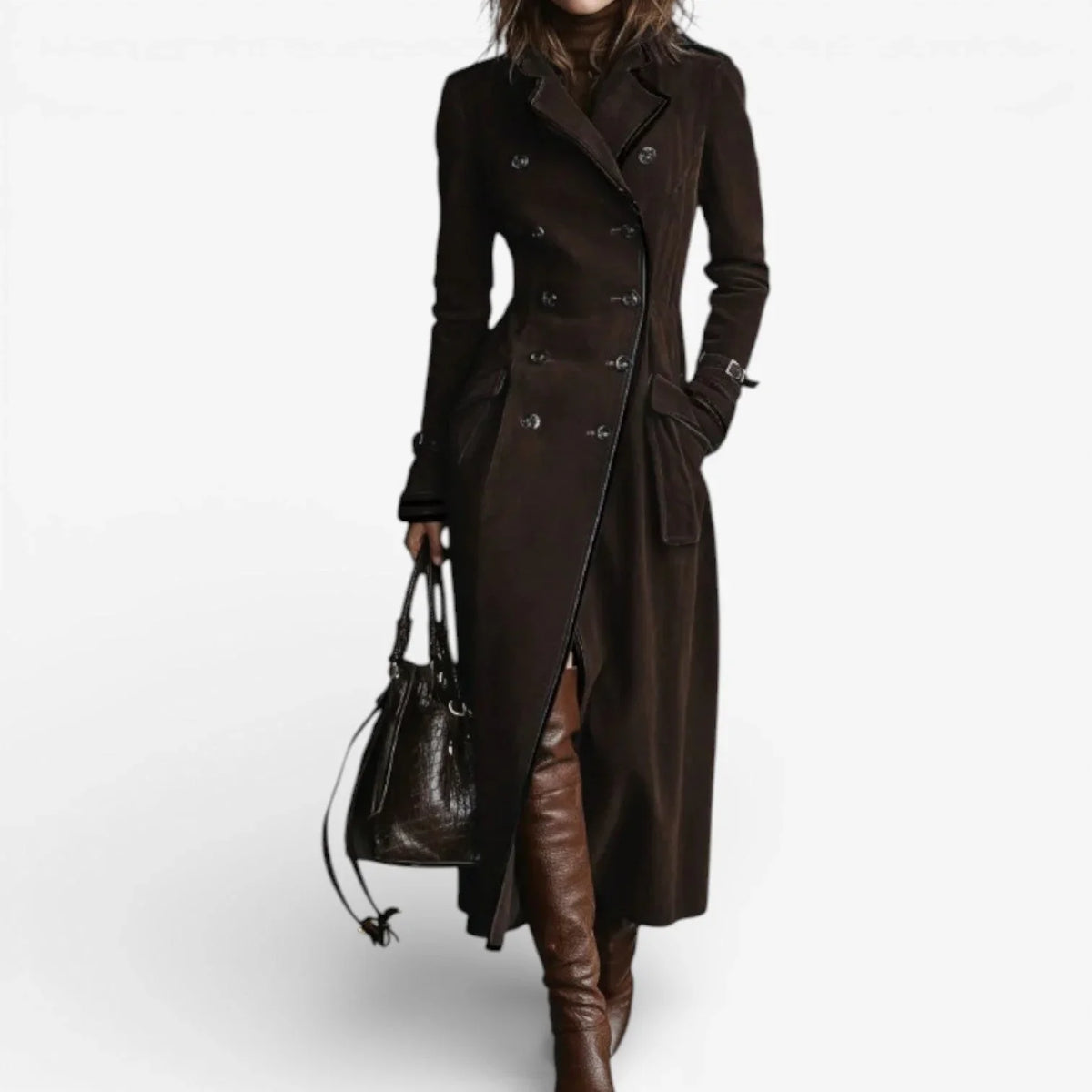Women's long faux suede warm sculpted trench coat – Maroon