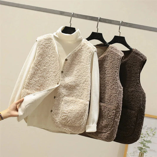 Women's lamb wool-blend fleece gilet with button-up front