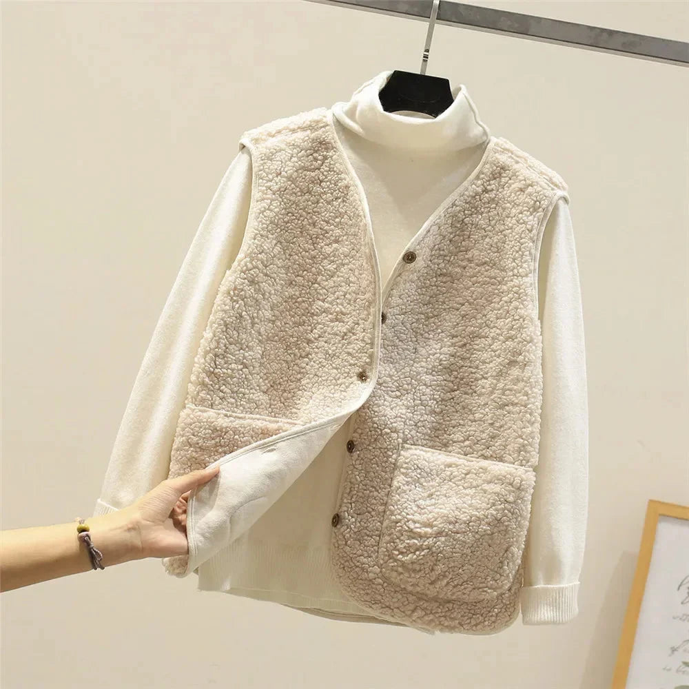 Women's lamb wool-blend fleece gilet with button-up front – Beige