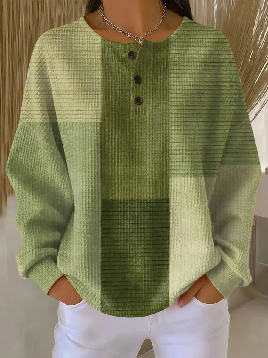 Women's colourblock knit crew neck top with henley placket – Green